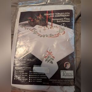 Tobin Home Fashions Stamped Cross Stitch Tablecloth 70" Round Holiday Holly Bows